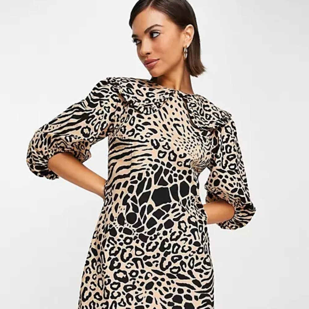 NWT Mango Animal Print Shift Dress with Peter Pan Collar and Puff Sleeves